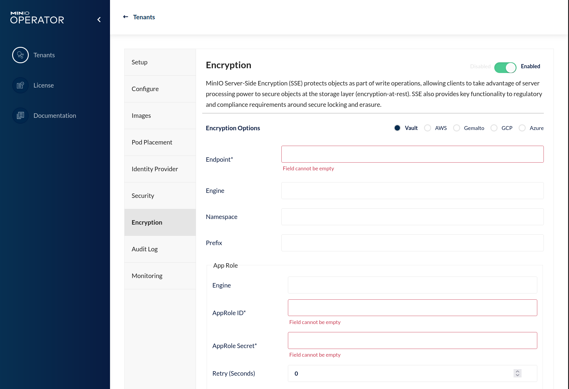 MinIO Operator 控制台 - 创建租户 - 加密部分
