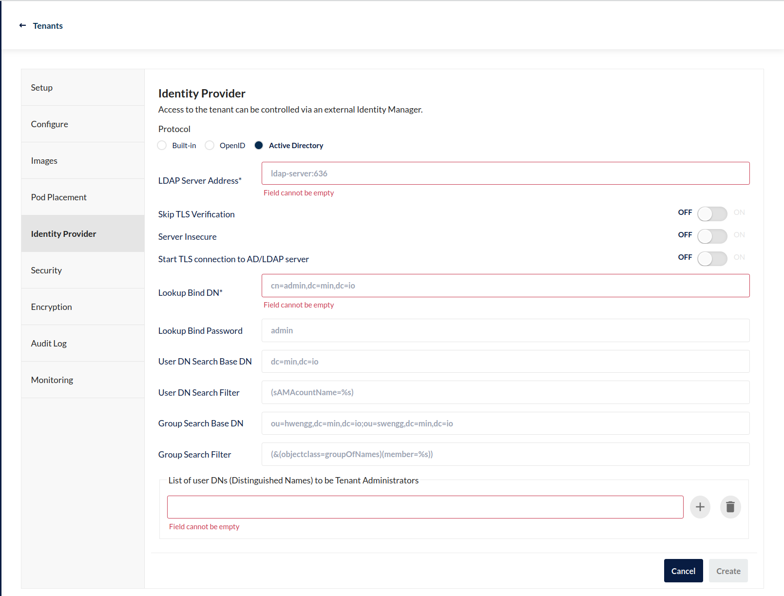 MinIO Operator控制台 - 创建租户 - 外部身份提供者部分 - Active Directory / LDAP